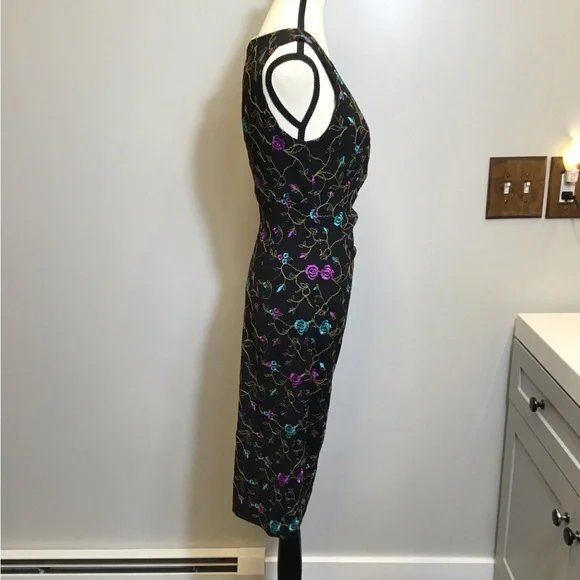Vintage 90s Nicole Miller Floral Midi Embroidered Lace V-Neck Black Dress Size 8 - Picture 5 of 16